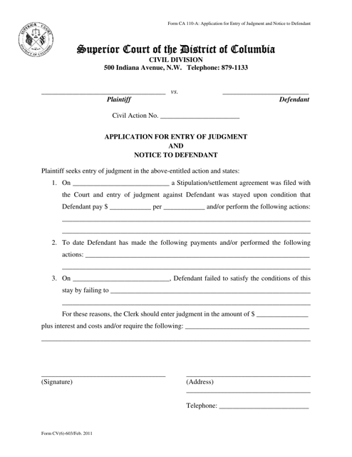 Form CA110-A (CV(6)-603) Application for Entry of Judgment and Notice to Defendant - Washington, D.C.