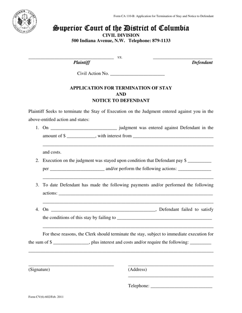 Form CA110-B (CV(6)-602) Application for Termination of Stay and Notice to Defendant - Washington, D.C.