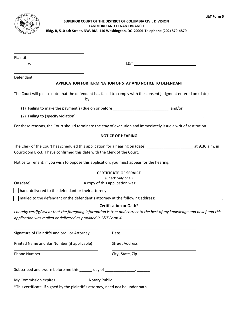LT Form 5 Application for Termination of Stay and Notice to Defendant - Washington, D.C., Page 1