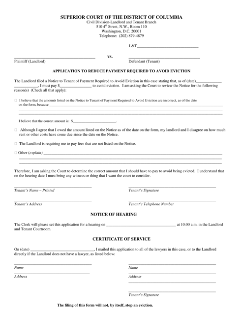 Application to Reduce Payment Required to Avoid Eviction - Washington, D.C. Download Pdf