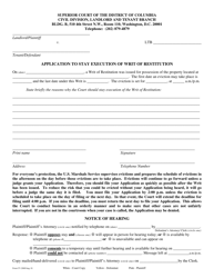 Document preview: Form CV-2069 Application to Stay Execution of Writ of Restitution - Washington, D.C.