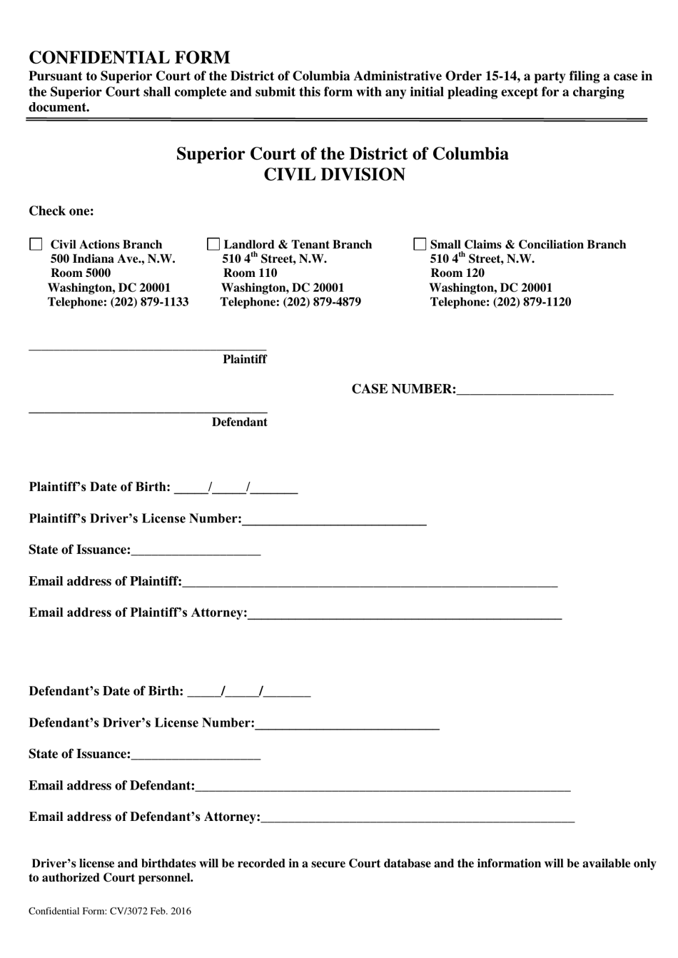 Form CV / 3072 Confidential Form - Washington, D.C., Page 1