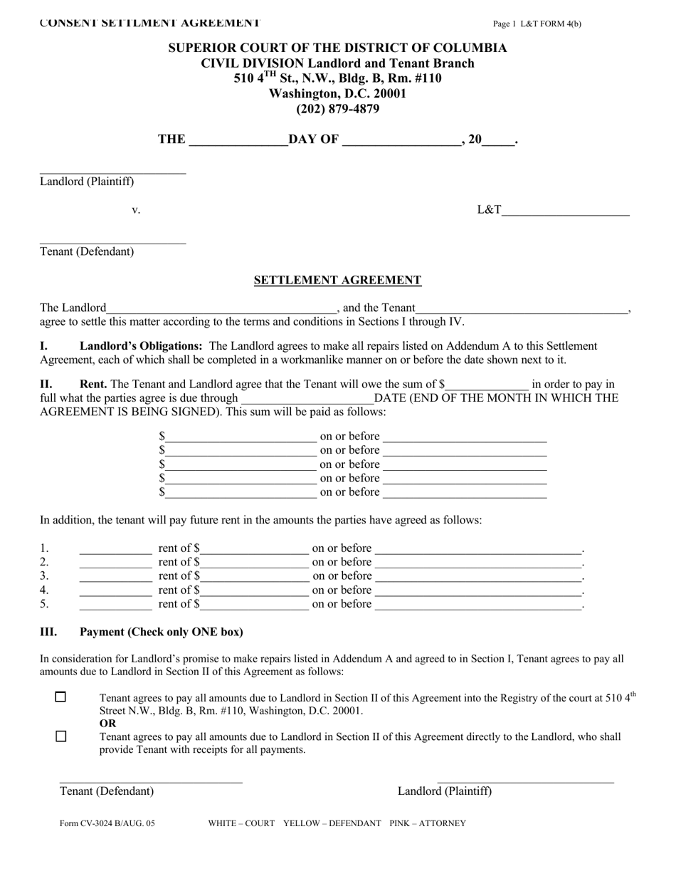 LT Form 4(B) (CV-3024 B) Consent Settlement Agreement - Washington, D.C., Page 1