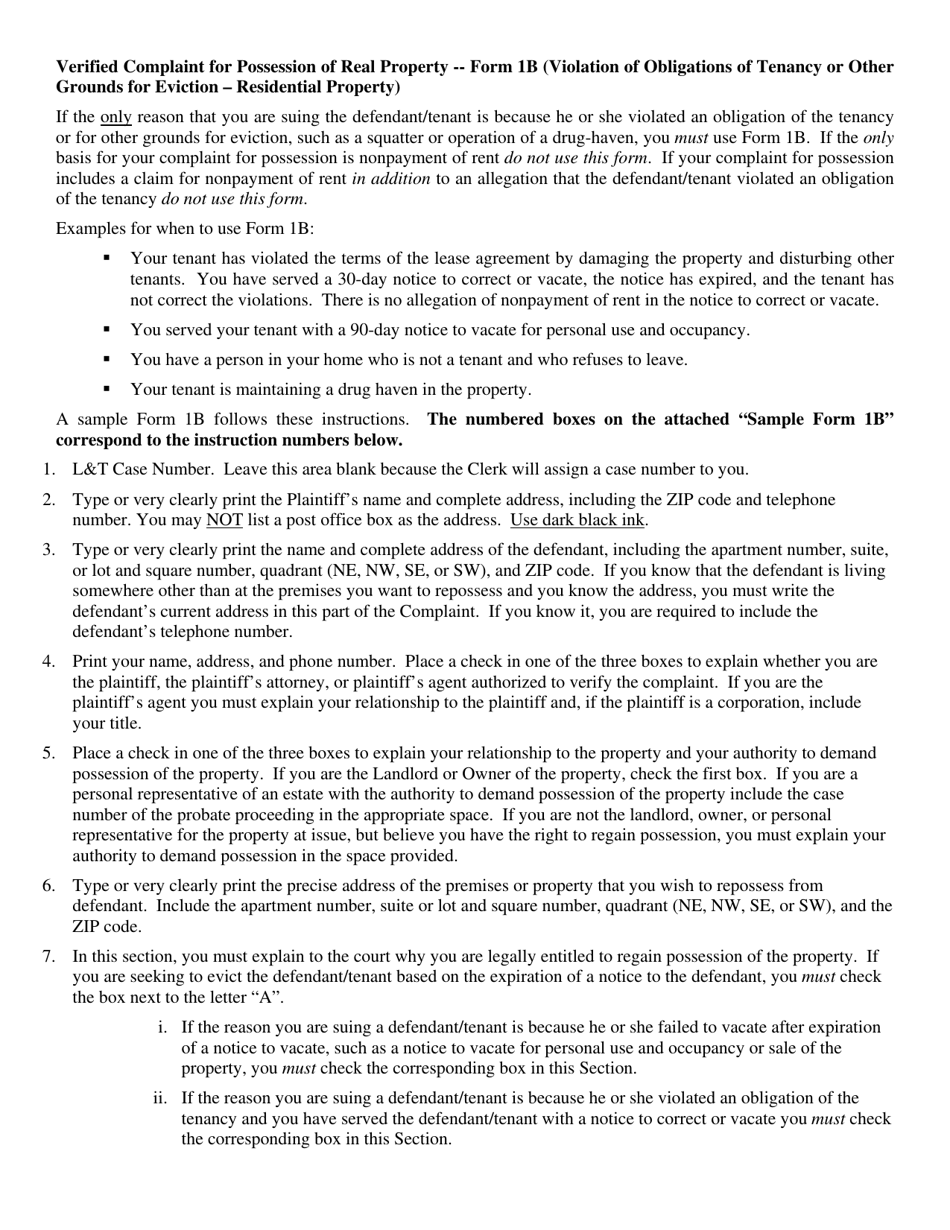 Instructions for Form 1B Verified Complaint for Possession of Real Property (Violation of Obligations of Tenancy or Other Grounds for Eviction - Residential Property) - Washington, D.C., Page 1