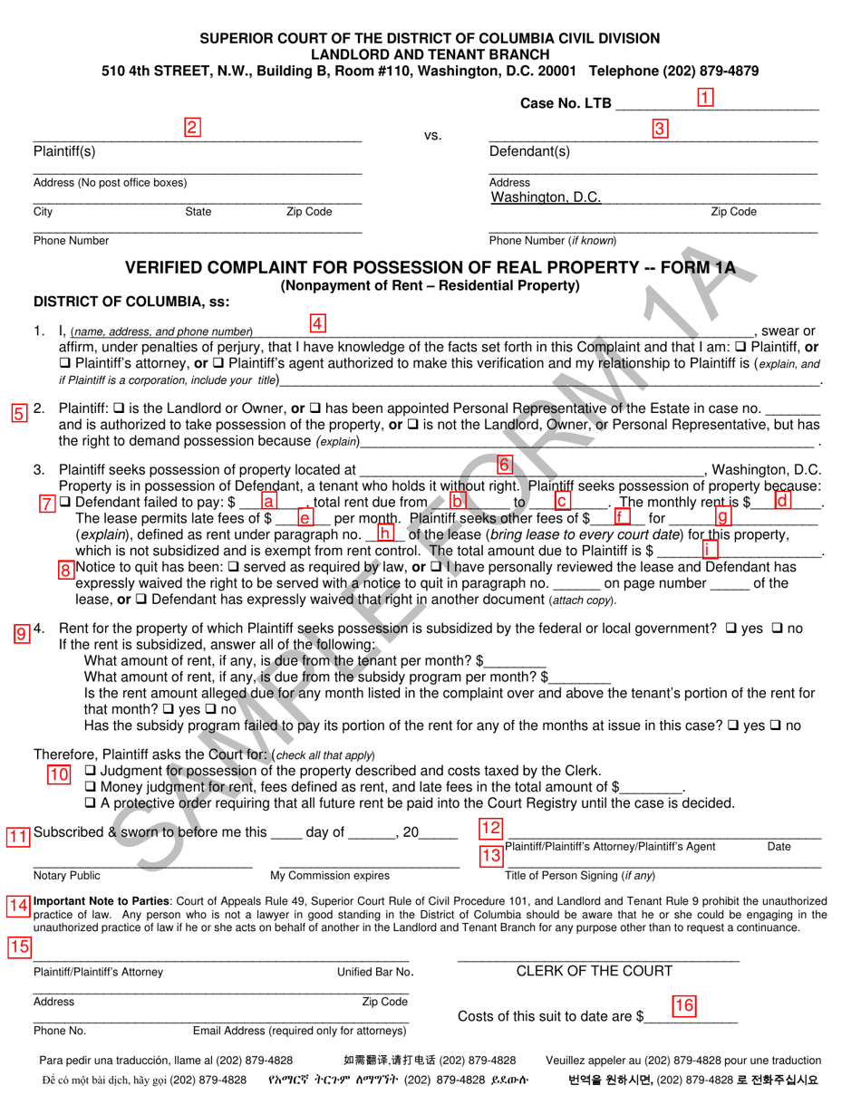 Instructions for Form 1A Verified Complaint for Possession of Real Property (Nonpayment of Rent - Residential Property) - Washington, D.C., Page 4
