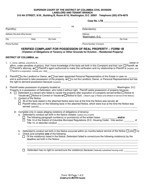 Document preview: Form 1B Verified Complaint for Possession of Real Property (Violation of Obligations of Tenancy or Other Grounds for Eviction - Residential Property) - Washington, D.C. (English/Spanish)