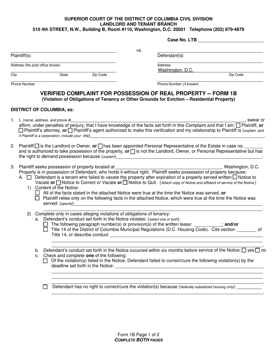 Form 1B Verified Complaint for Possession of Real Property (Violation of Obligations of Tenancy or Other Grounds for Eviction - Residential Property) - Washington, D.C. (English/Spanish), Page 1