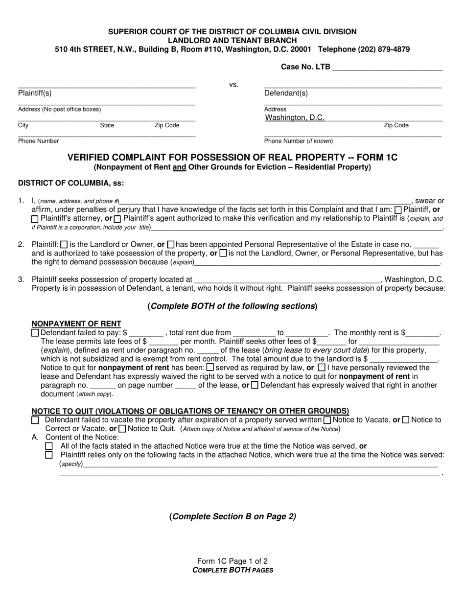 Form 1C Verified Complaint for Possession of Real Property (Nonpayment of Rent and Other Grounds for Eviction - Residential Property) - Washington, D.C. (English / Spanish), Page 1