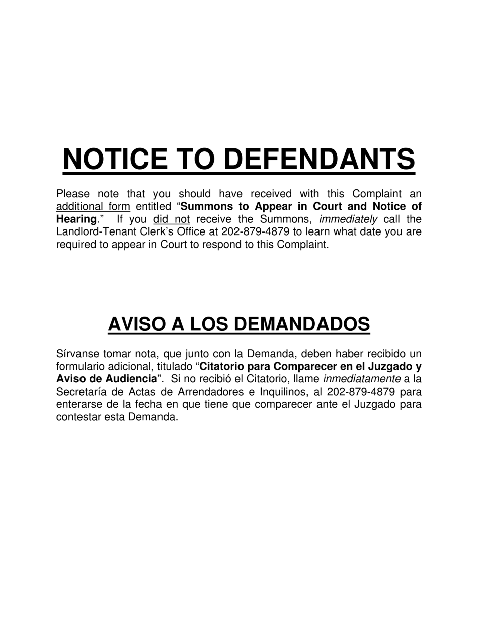 Form 1C Verified Complaint for Possession of Real Property (Nonpayment of Rent and Other Grounds for Eviction - Residential Property) - Washington, D.C. (English / Spanish), Page 4