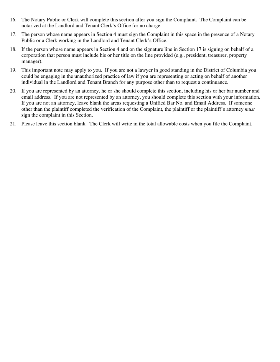 Instructions for Form 1C Verified Complaint for Possession of Real Property (Nonpayment of Rent and Other Grounds for Eviction - Residential Property) - Washington, D.C., Page 4