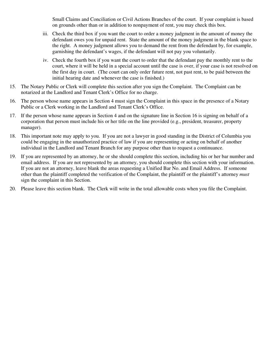 Instructions for Form 1D Verified Complaint for Possession of Real Property (Commercial Property) - Washington, D.C., Page 3