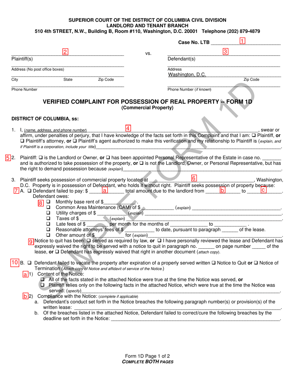 Instructions for Form 1D Verified Complaint for Possession of Real Property (Commercial Property) - Washington, D.C., Page 4
