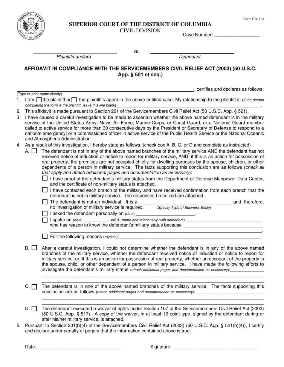 Form CA114 Affidavit in Compliance With the Service Members Civil Relief Act (2003) - Washington, D.C., Page 1
