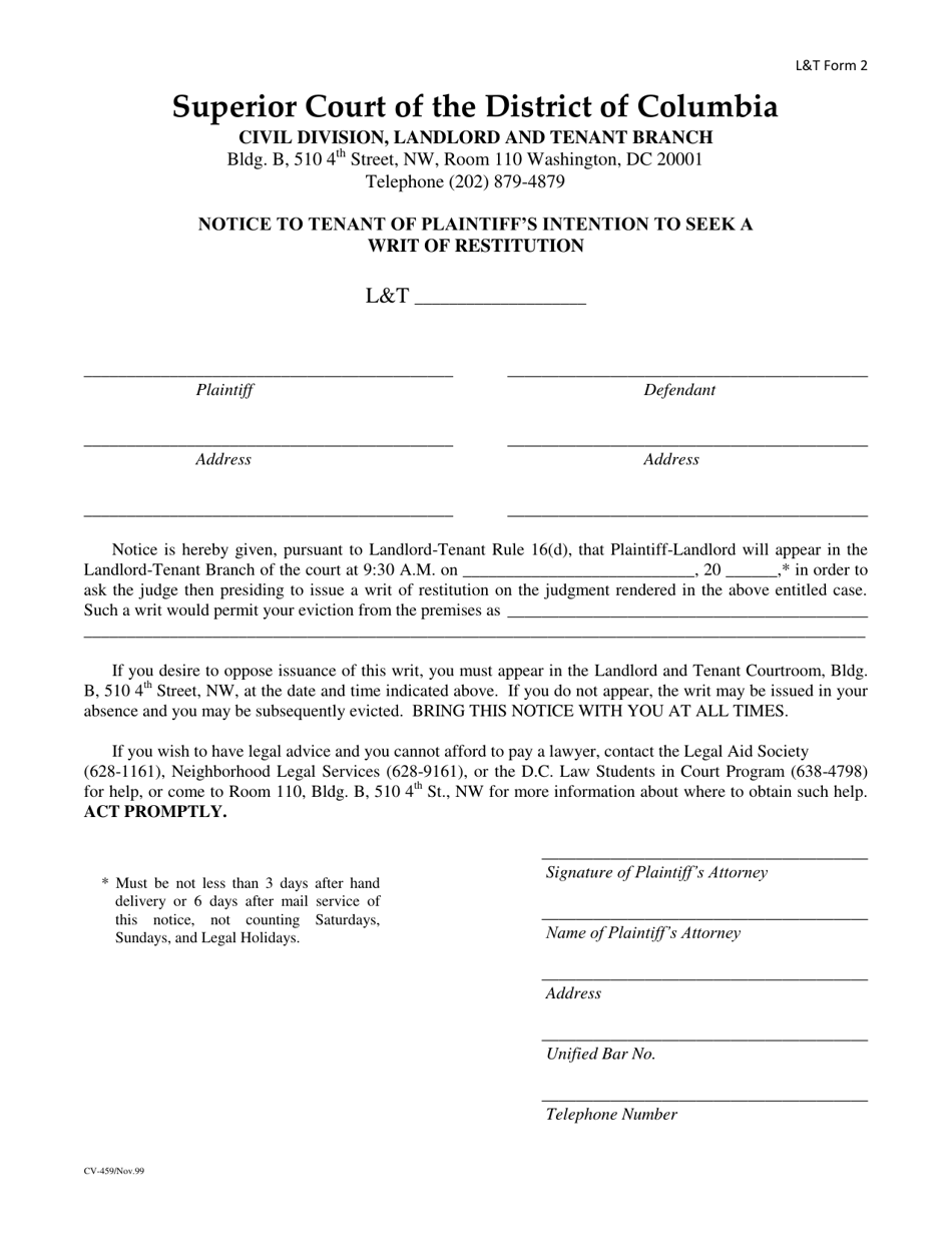 LT Form 2 (CV-459) Notice to Tenant of Plaintiff's Intention to Seek a Writ of Restitution - Washington, D.C., Page 1