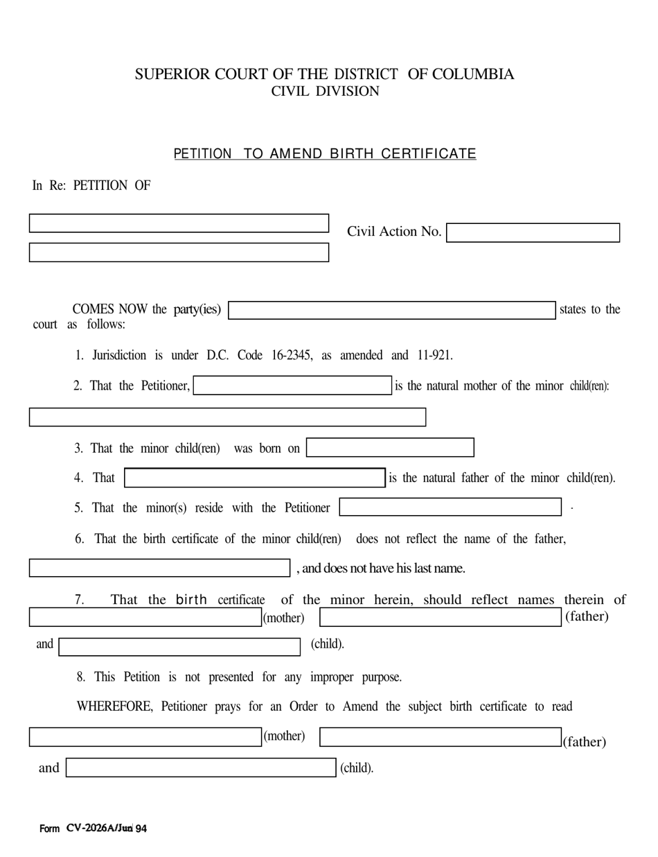 Form CV-2026A Petition to Amend Minor's Birth Certificate - Washington, D.C., Page 1
