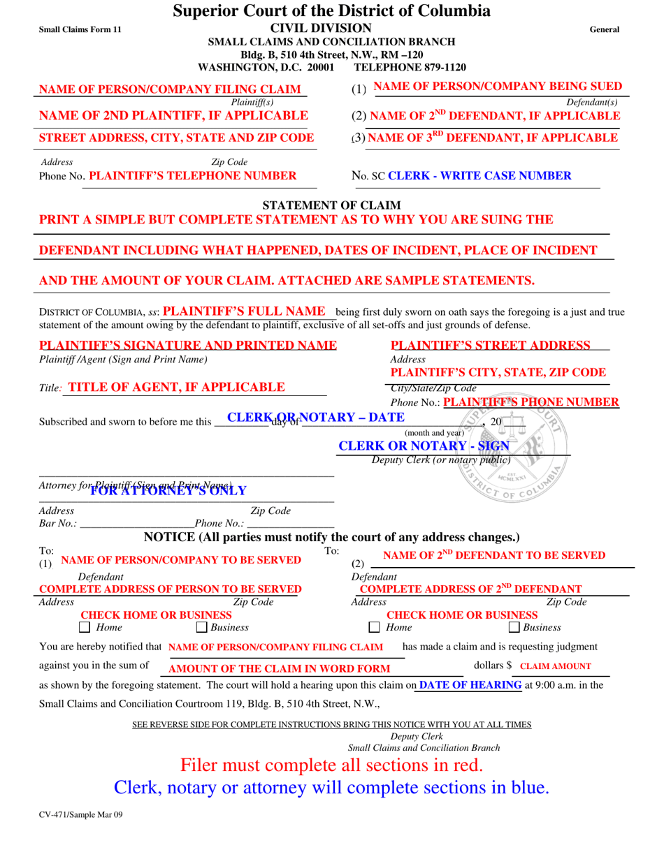 Sample Small Claims Form 11 (CV-471) Statement of Claim - Washington, D.C., Page 1