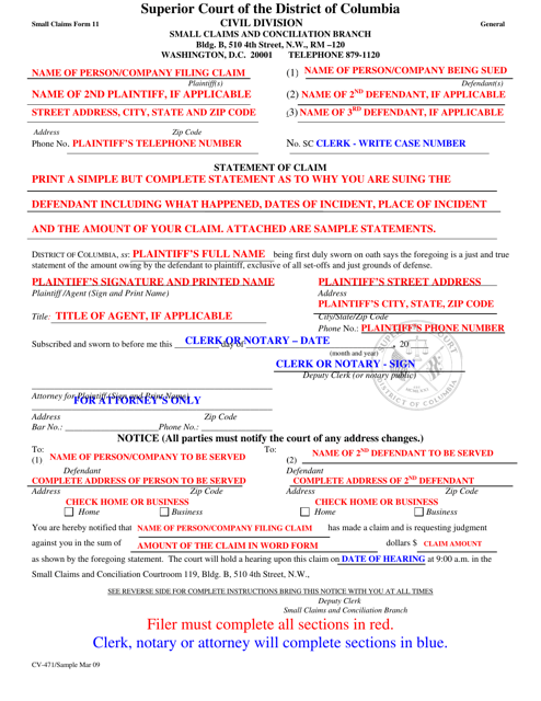 Sample Small Claims Form 11 (CV-471) Statement of Claim - Washington, D.C.