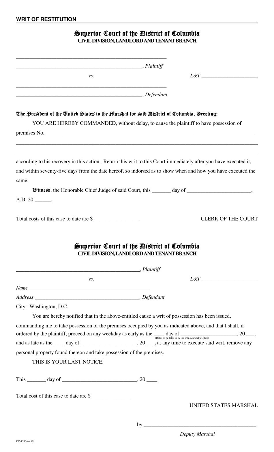 Form CV-458 Writ of Restitution - Washington, D.C., Page 1