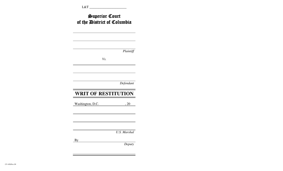 Form CV-458 Writ of Restitution - Washington, D.C., Page 3
