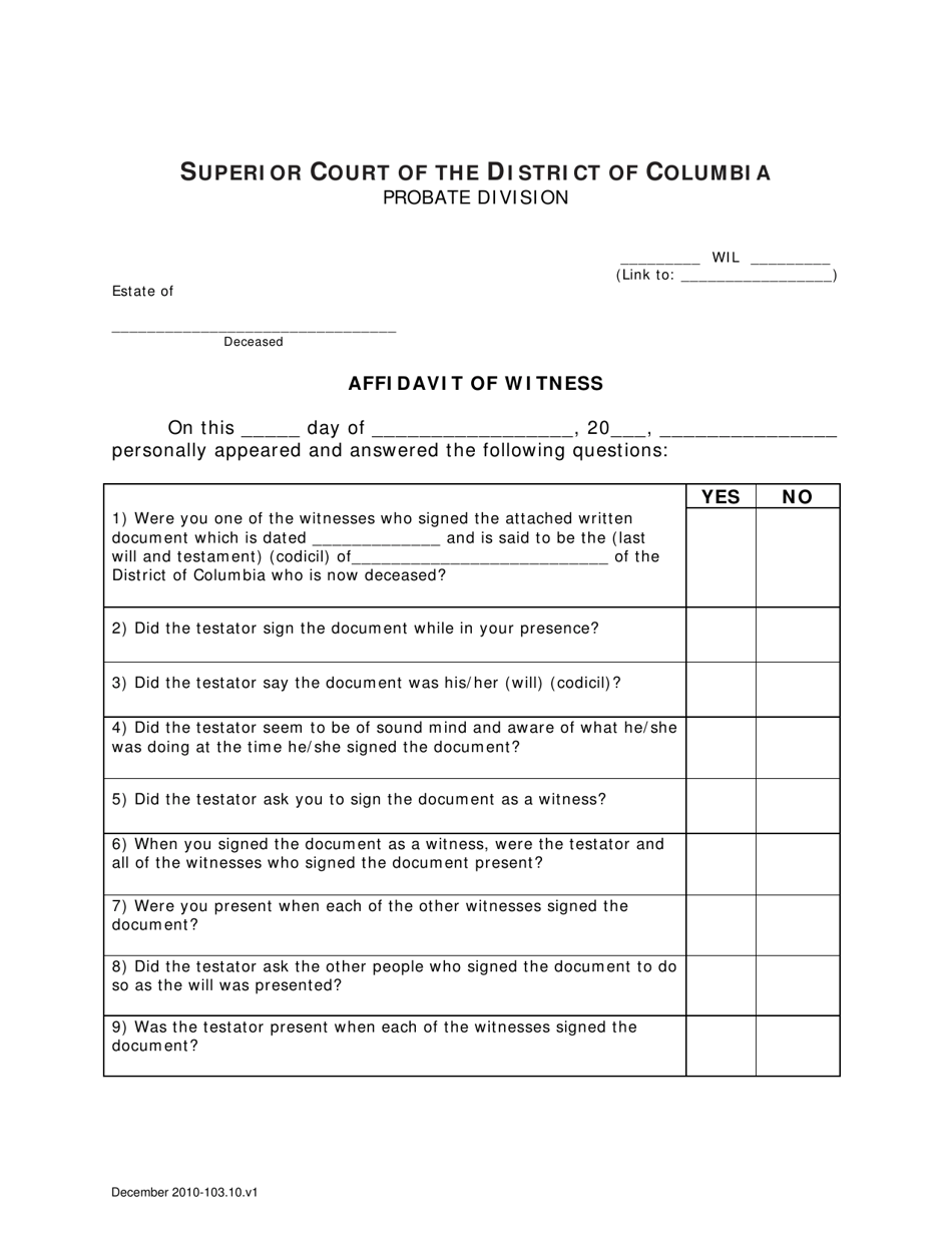 Affidavit of Witness to Will - Washington, D.C., Page 1