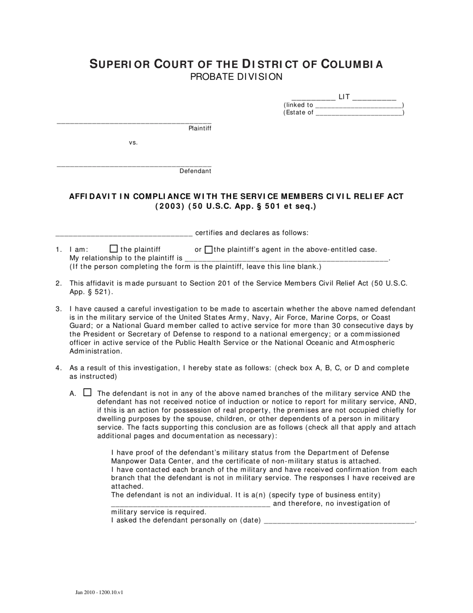 Affidavit in Compliance With the Service Members Civil Relief Act (2003) - Washington, D.C., Page 1