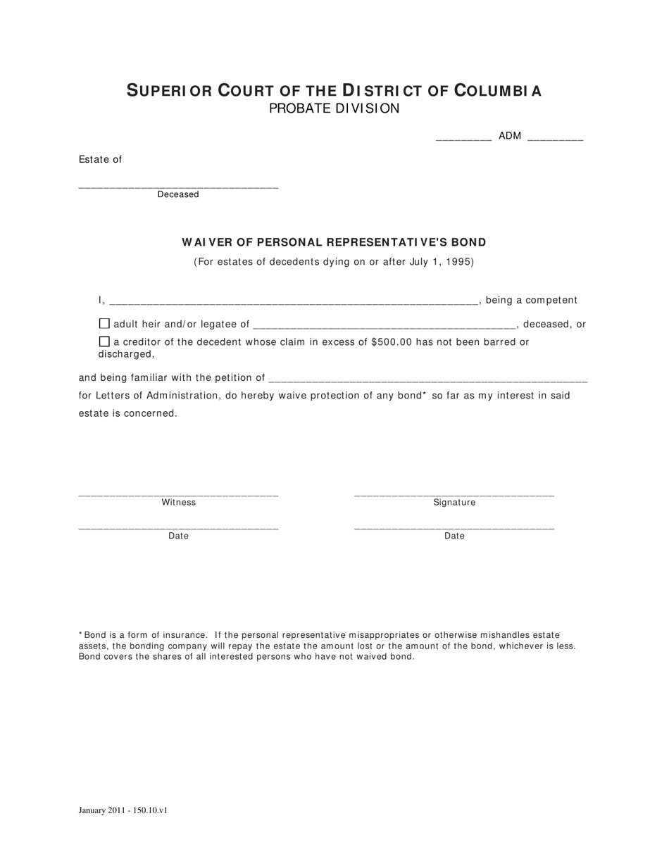 Waiver of Personal Representatives Bond - Washington, D.C., Page 1