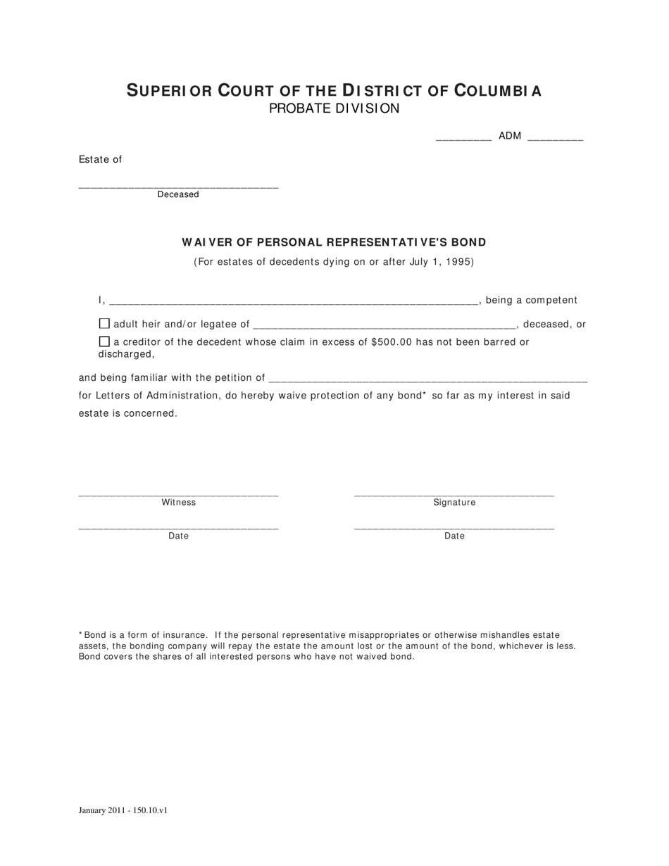 Washington, D.C. Waiver of Personal Representative's Bond Fill Out
