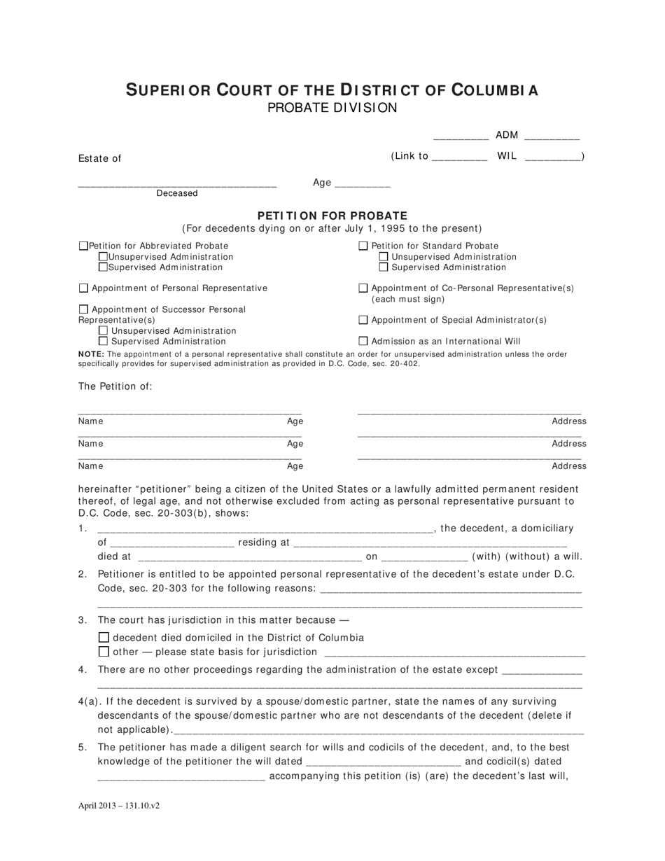 Petition for Probate - Washington, D.C., Page 1