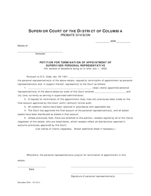 Petition for Termination of Appointment of Supervised Personal Representative, Notice Accompanying Petition and Order - Washington, D.C. Download Pdf