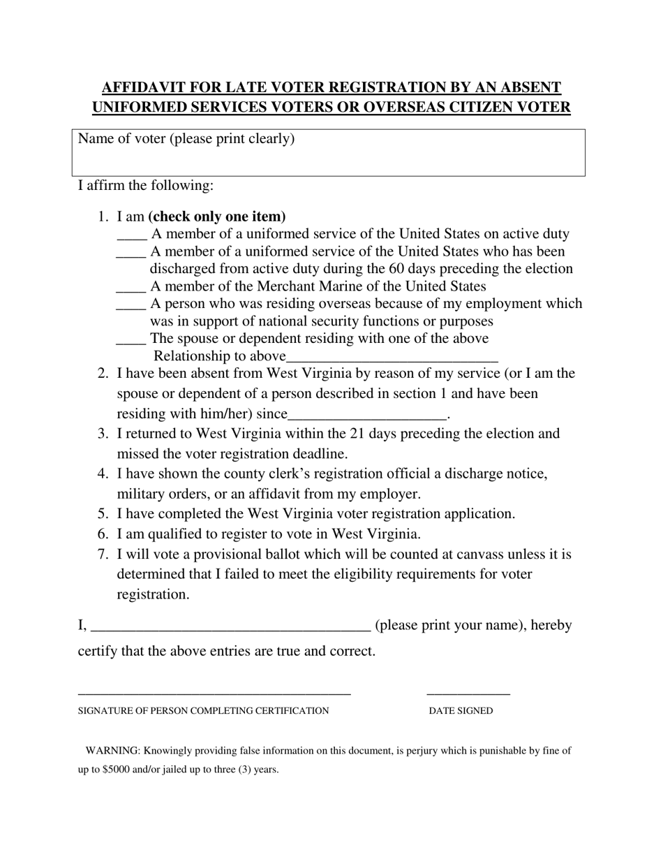 Affidavit for Late Voter Registration by an Absent Uniformed Services Voters or Overseas Citizen Voter - West Virginia, Page 1