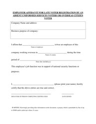 Document preview: Employer Affidavit for Late Voter Registration by an Absent Uniformed Services Voters or Overseas Citizen Voter - West Virginia