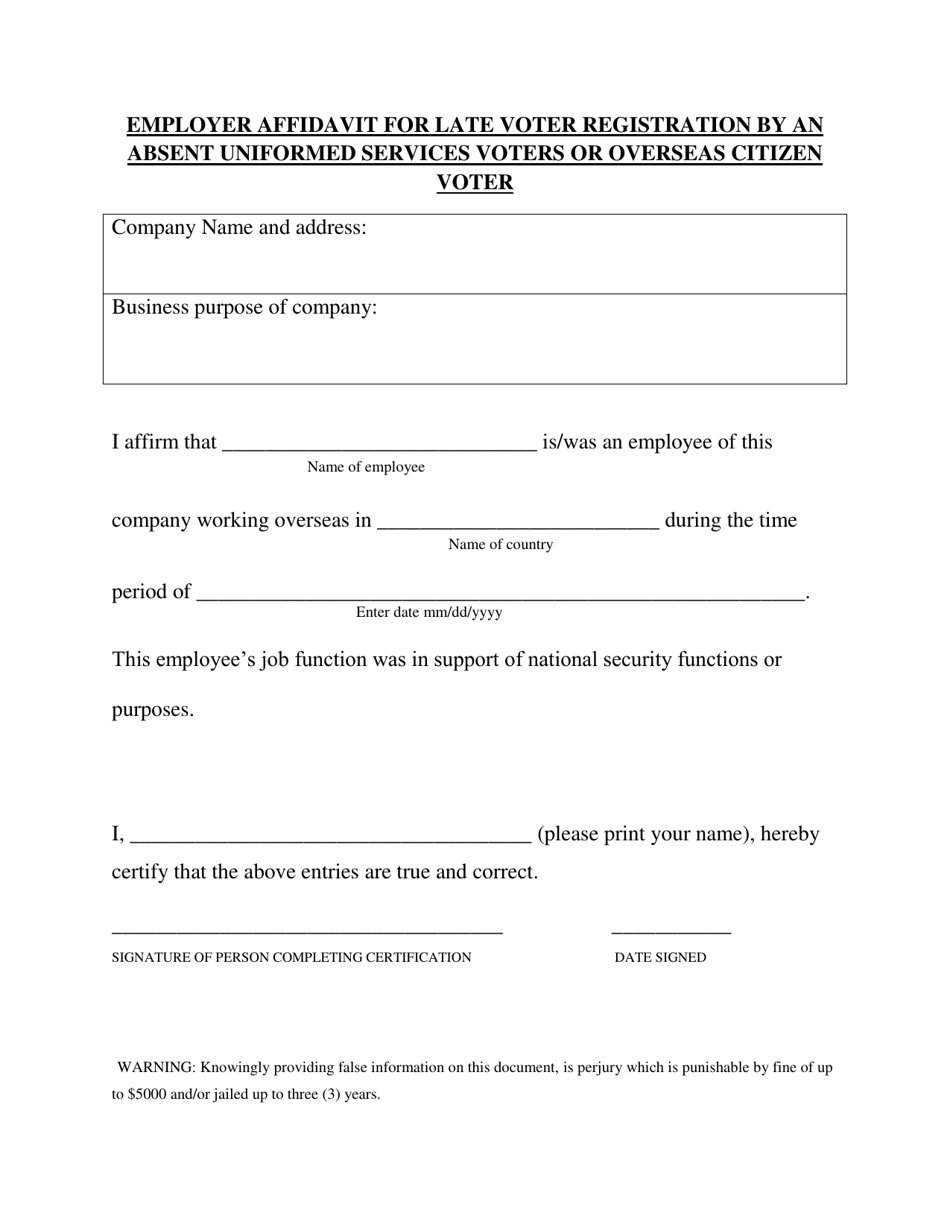 Employer Affidavit for Late Voter Registration by an Absent Uniformed Services Voters or Overseas Citizen Voter - West Virginia, Page 1