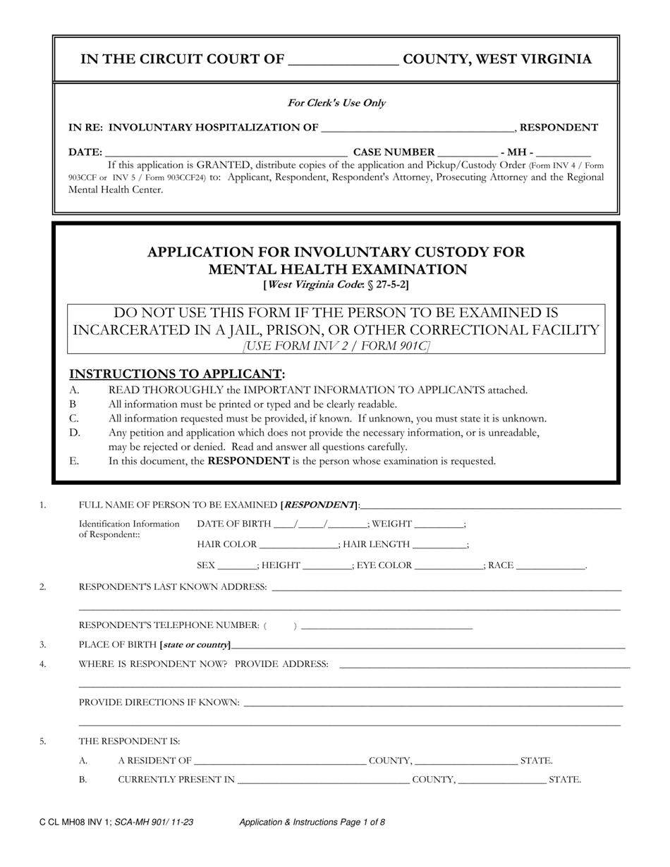 Form INV1 Application for Involuntary Custody for Mental Health Examination - West Virginia, Page 1