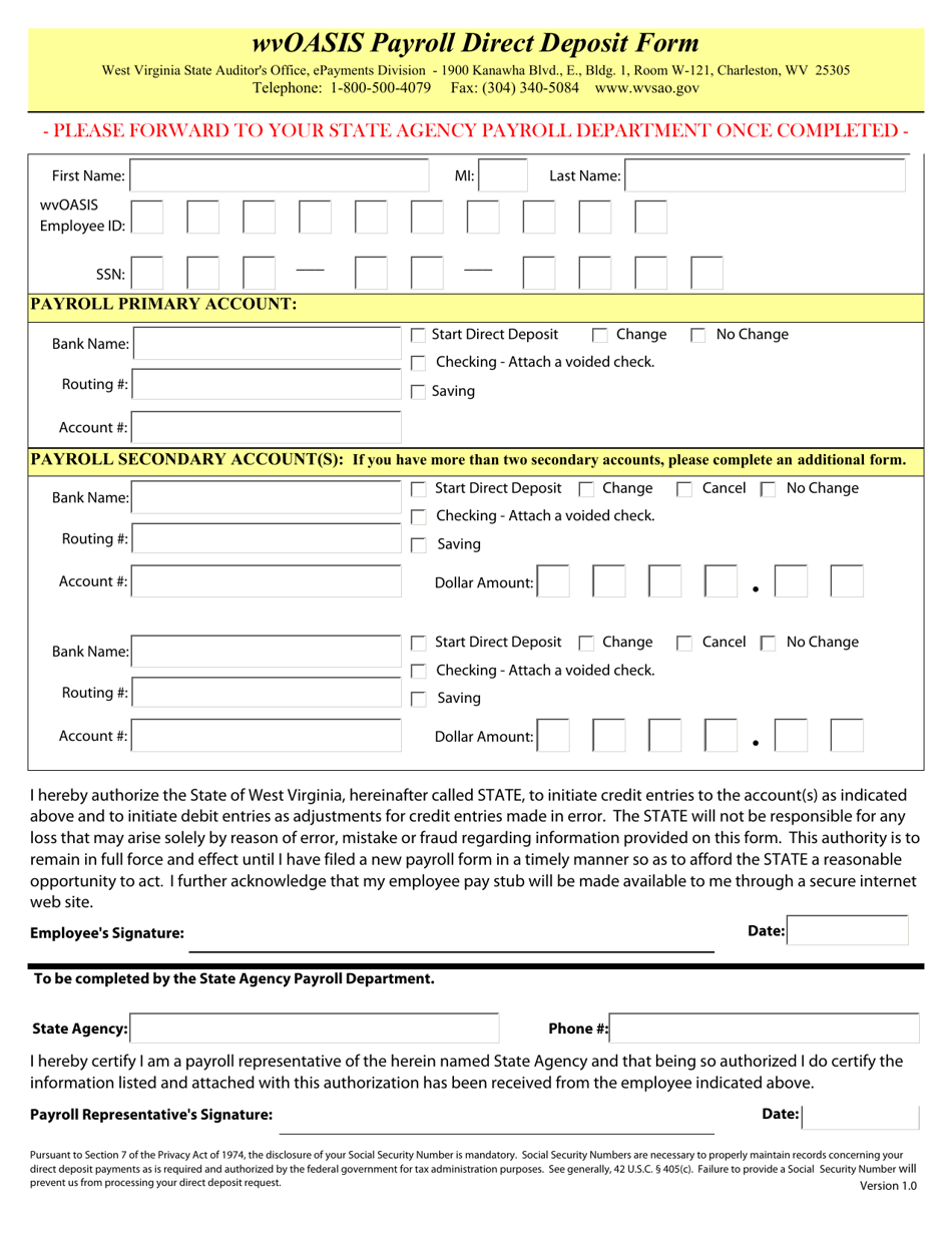 West Virginia Wvoasis Payroll Direct Deposit Form Fill Out Sign Online And Download Pdf 6232