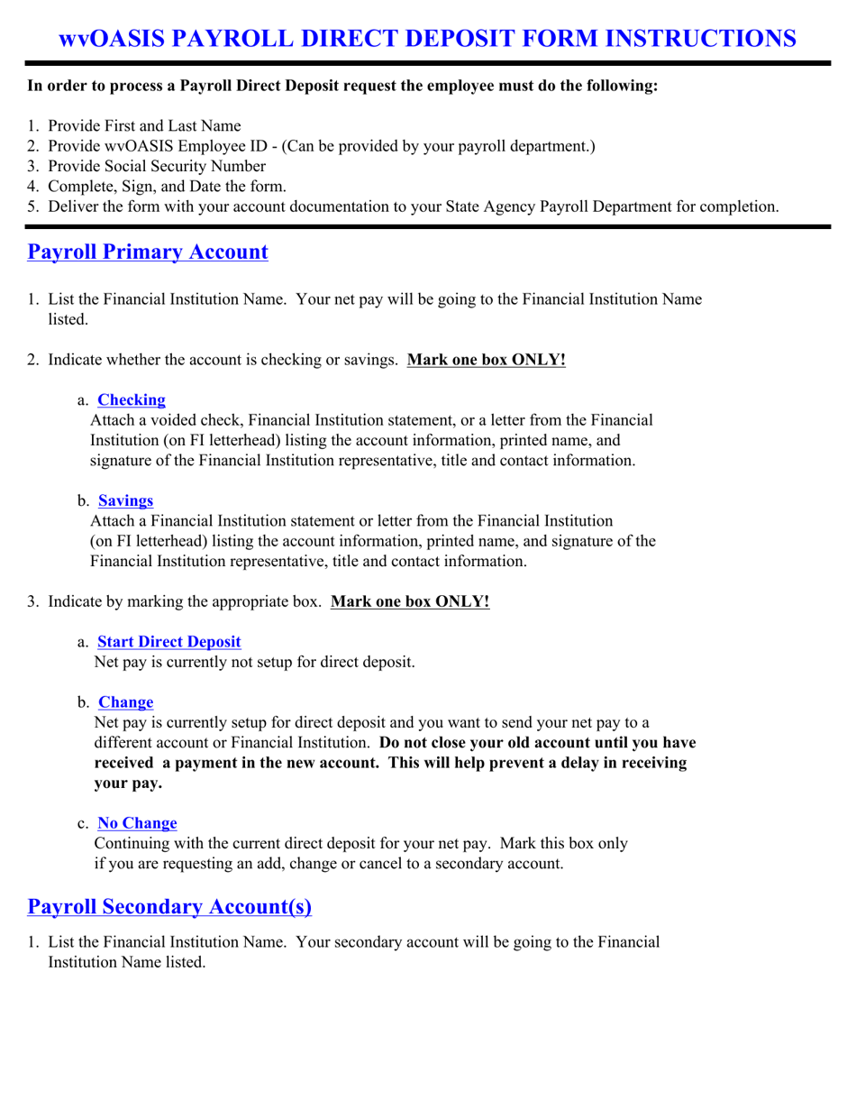 West Virginia Wvoasis Payroll Direct Deposit Form Fill Out, Sign