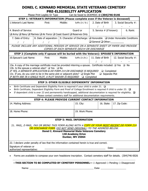 Donel C. Kinnard Memorial State Veterans Cemetery Pre-eligibility Application - West Virginia Download Pdf