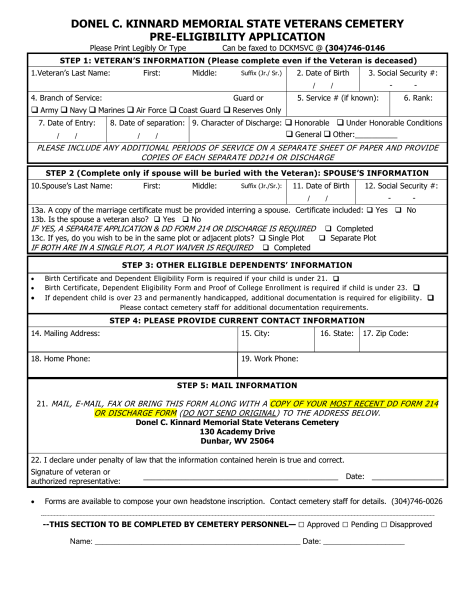Donel C. Kinnard Memorial State Veterans Cemetery Pre-eligibility Application - West Virginia, Page 1