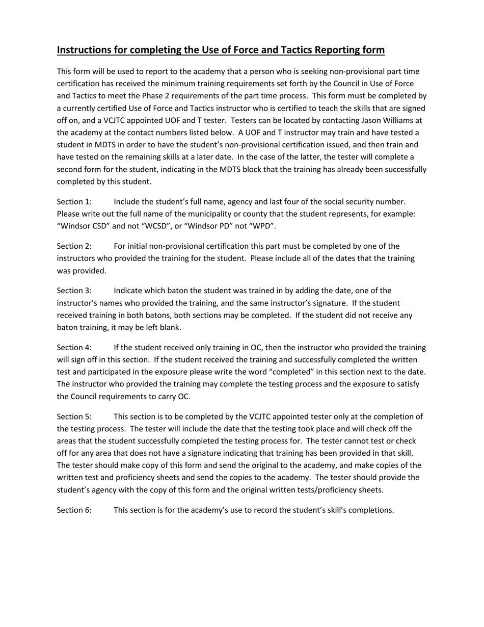 Instructions for Use of Force and Tactics Reporting Form - Vermont, Page 2