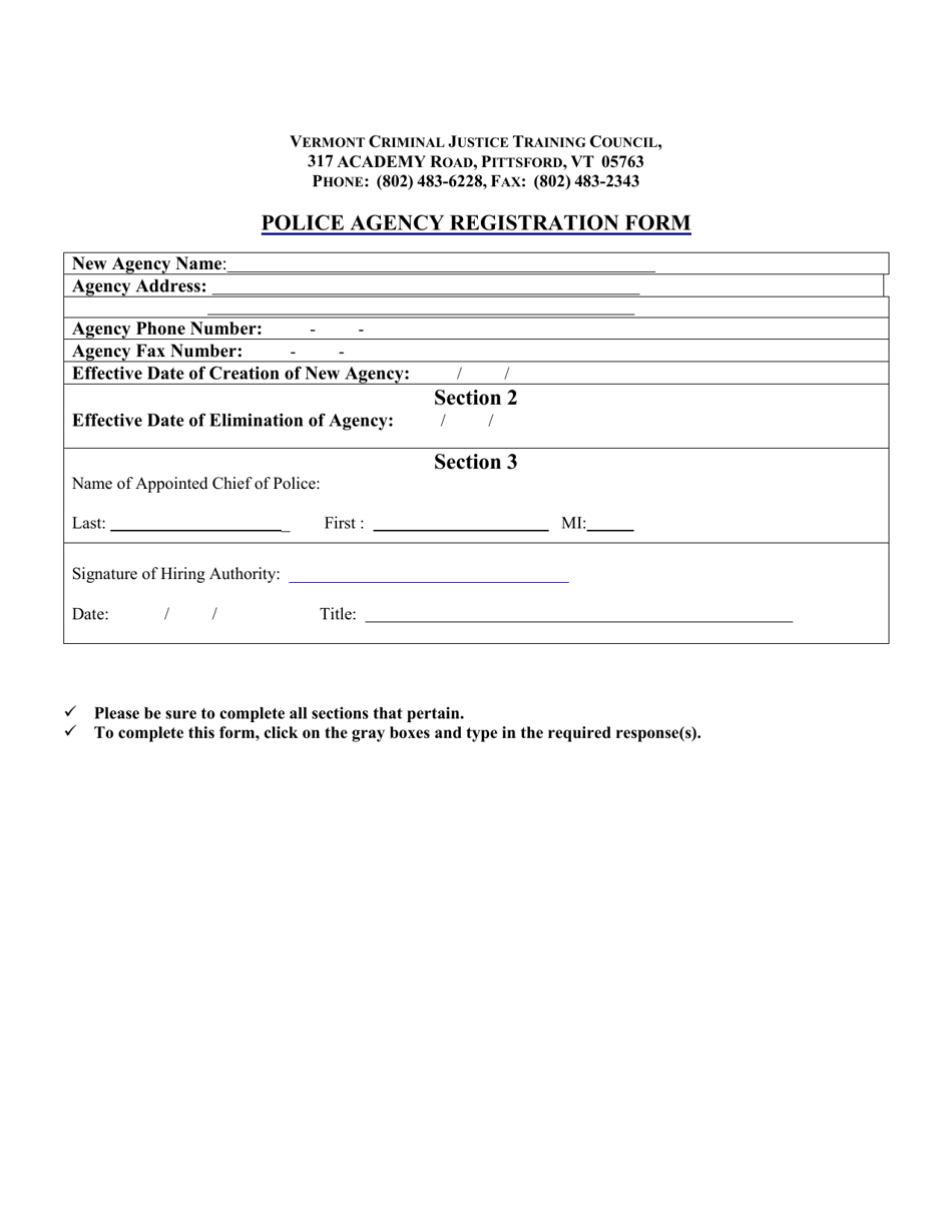 Police Agency Registration Form - Vermont, Page 1