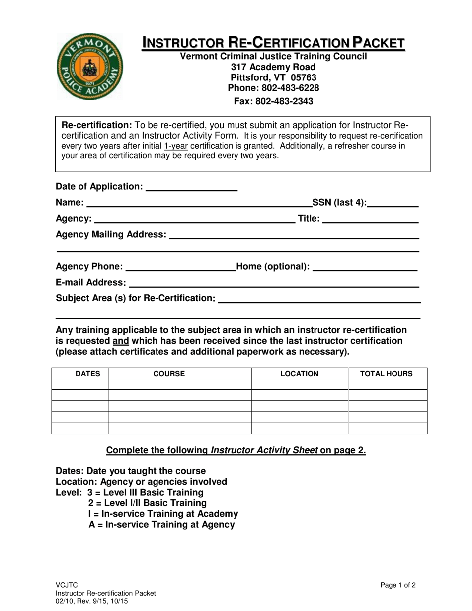 Instructor Re-certification Application - Vermont, Page 1