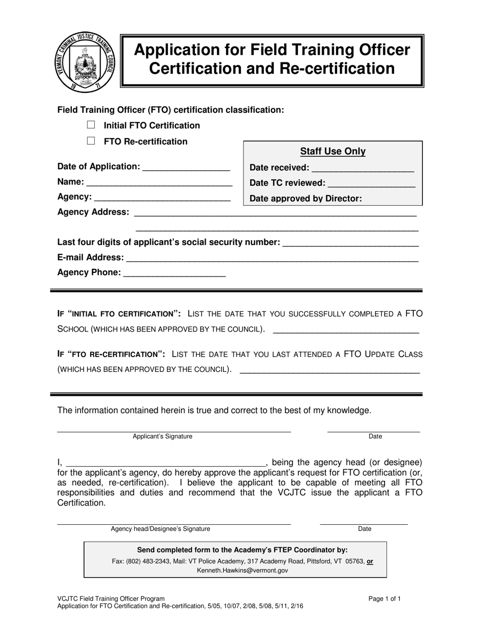 Application for Field Training Officer Certification and Re-certification - Vermont, Page 1