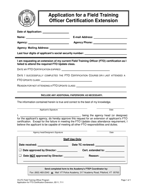 Application for a Field Training Officer Certification Extension - Vermont Download Pdf