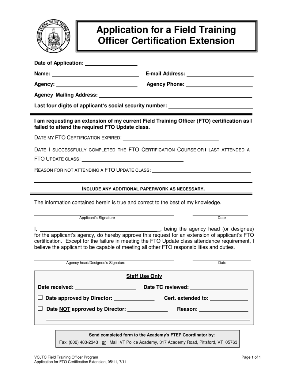 Application for a Field Training Officer Certification Extension - Vermont, Page 1