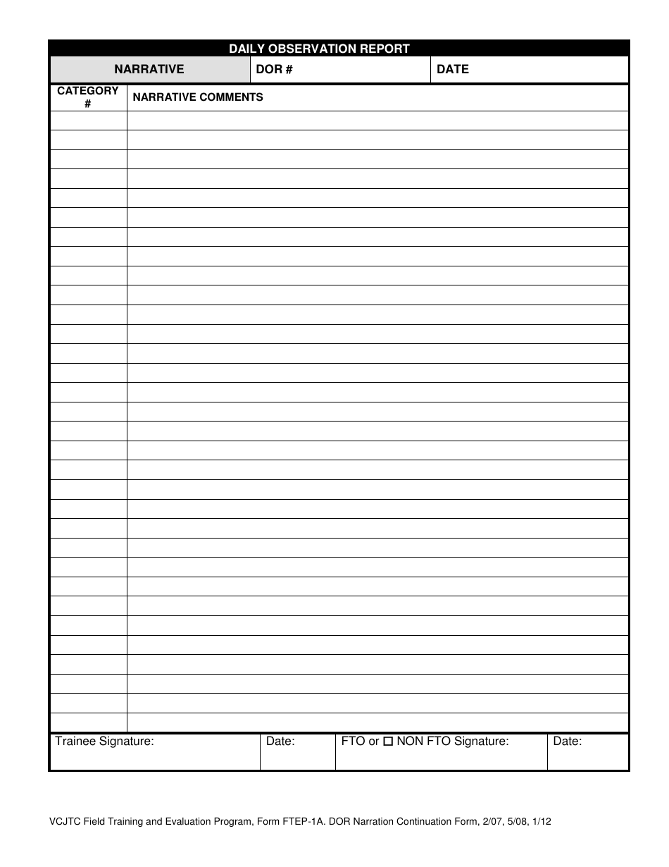 Form FTEP-1A Daily Observation Report - Vermont, Page 1