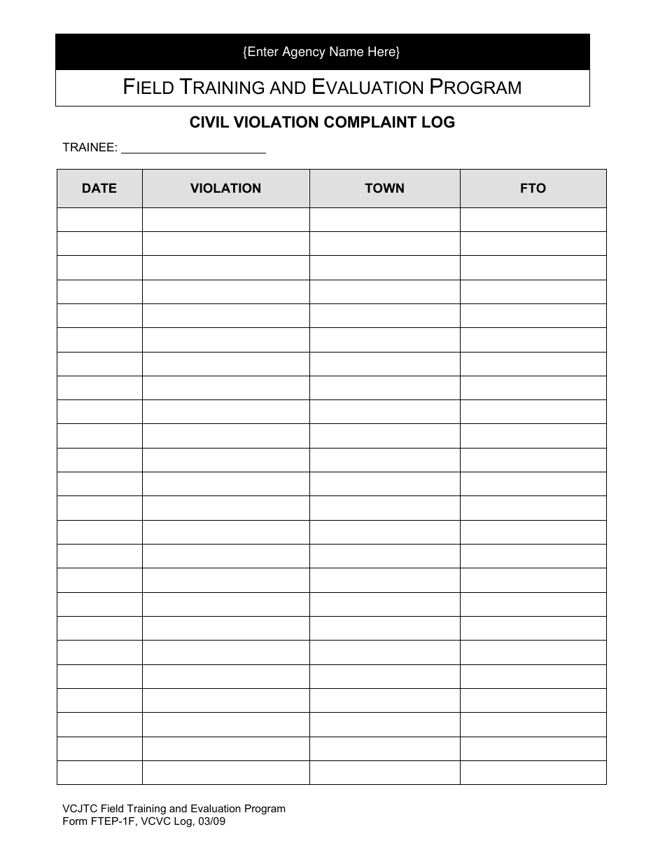 Form FTEP-1F Civil Violation Complaint Log - Field Training and Evaluation Program - Vermont, Page 1