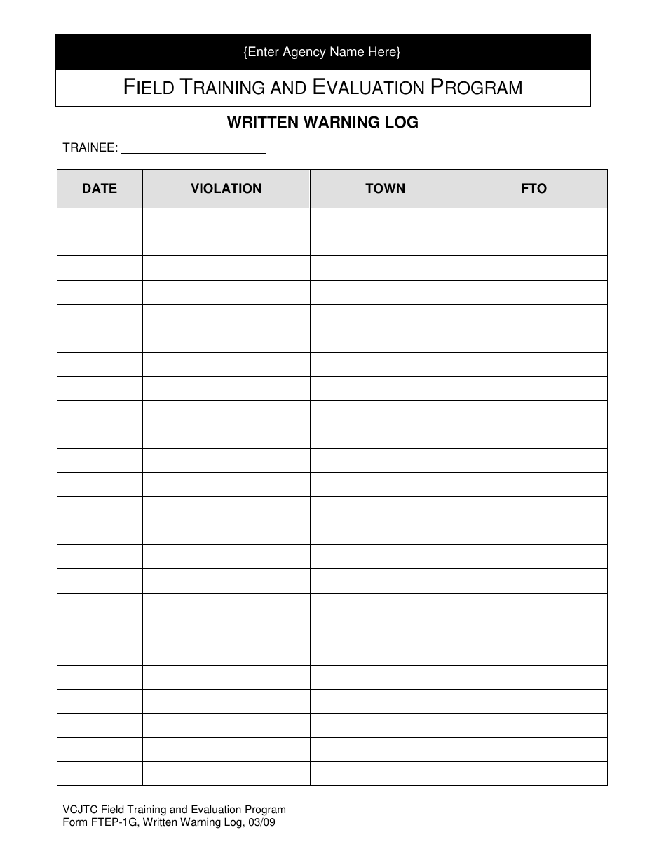 Form FTEP-1G Written Warning Log - Field Training and Evaluation Program - Vermont, Page 1