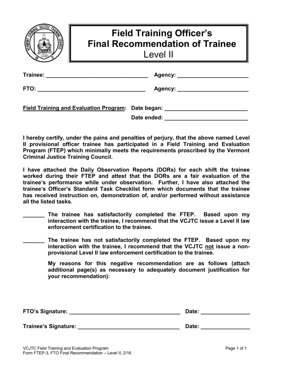 Form FTEP-3 Field Training Officers Final Recommendation of Trainee - Level Ii - Vermont, Page 1