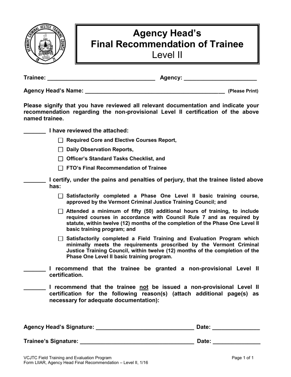 Form LIIAR Agency Heads Final Recommendation of Trainee - Level Ii - Vermont, Page 1