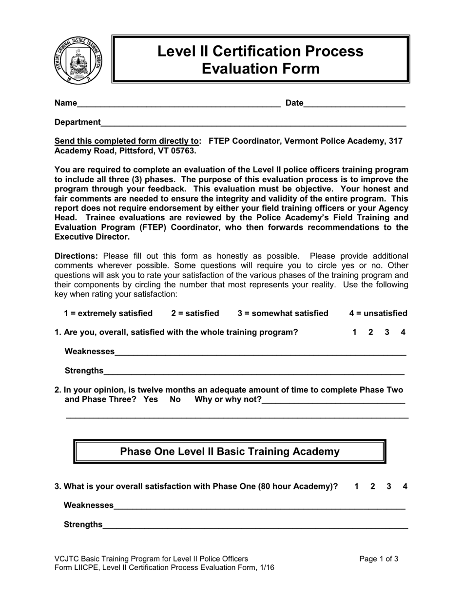 Form LIICPE Level II Certification Process Evaluation Form - Vermont, Page 1
