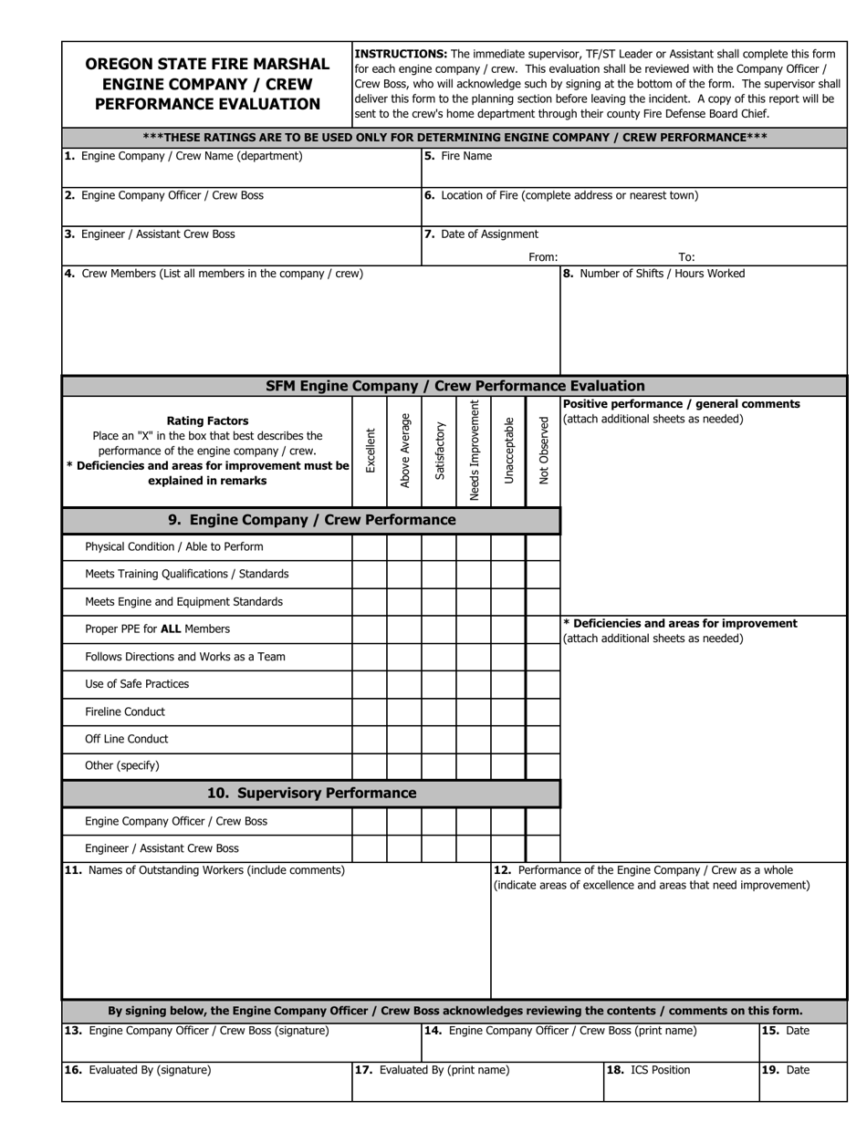 Oregon Engine Company/Crew Performance Evaluation Fill Out, Sign